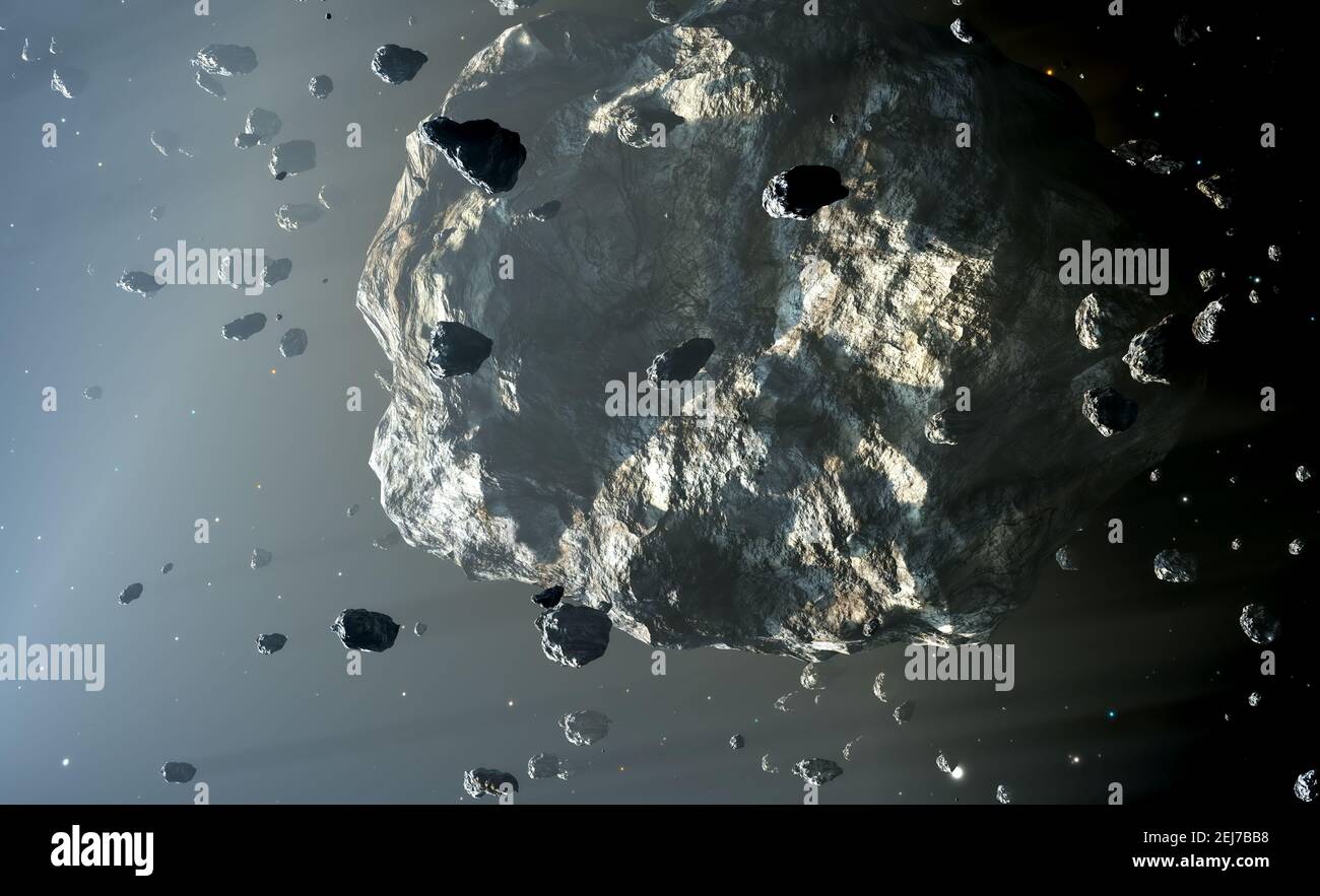 Fascia asteroide. Situato tra le orbite di Marte e Giove, rendering 3d Foto Stock