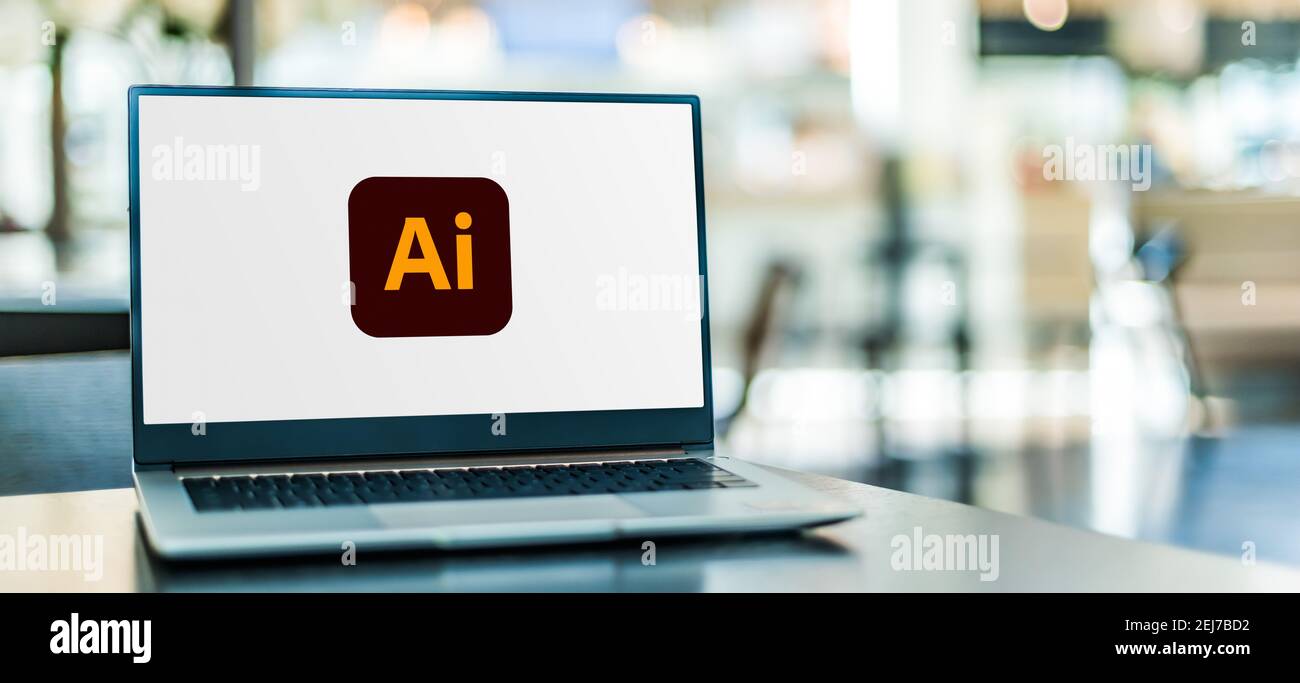 POZNAN, POL - SET 23, 2020: Computer portatile che visualizza il logo di Adobe Illustrator, un editor di grafica vettoriale sviluppato e commercializzato da Adobe Inc Foto Stock