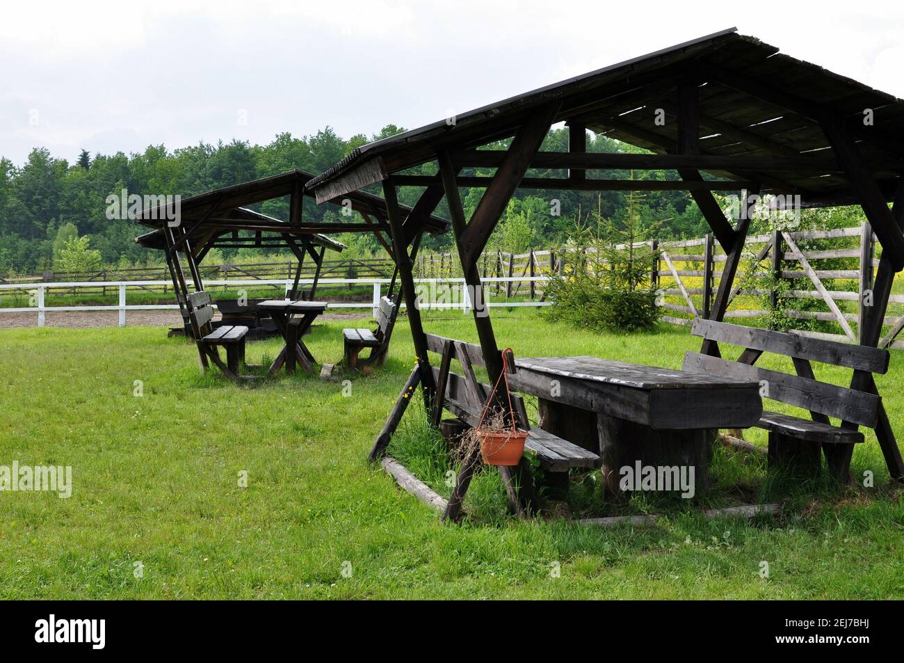 Paesaggio con padiglioni in legno nero in giardino in primavera. Foto Stock