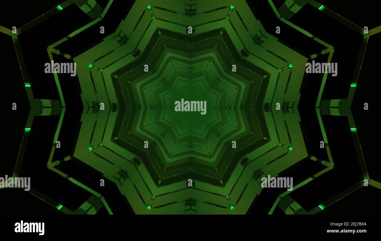 Illustrazione geometrica in 3d del tunnel a forma di stella verde Foto Stock