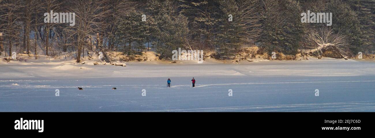 foto banner degli sciatori di fondo che si divertono con gli sport invernali un lago ghiacciato Foto Stock