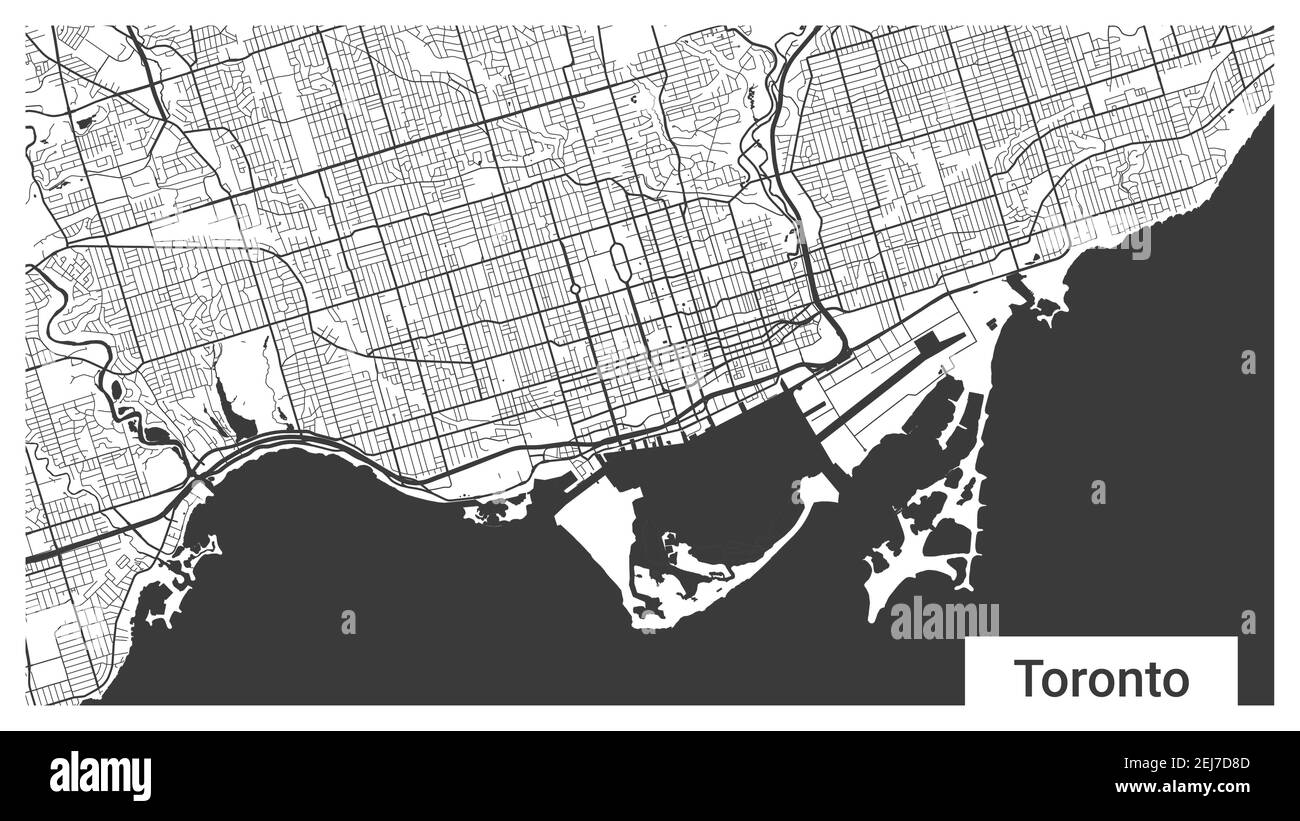 Mappa della città di Toronto, Ontario, Canada. Orizzontale Poster mappa sfondo bianco e nero terra, strade e fiumi. 1920 1080 proporzioni. Senza royalty g Illustrazione Vettoriale