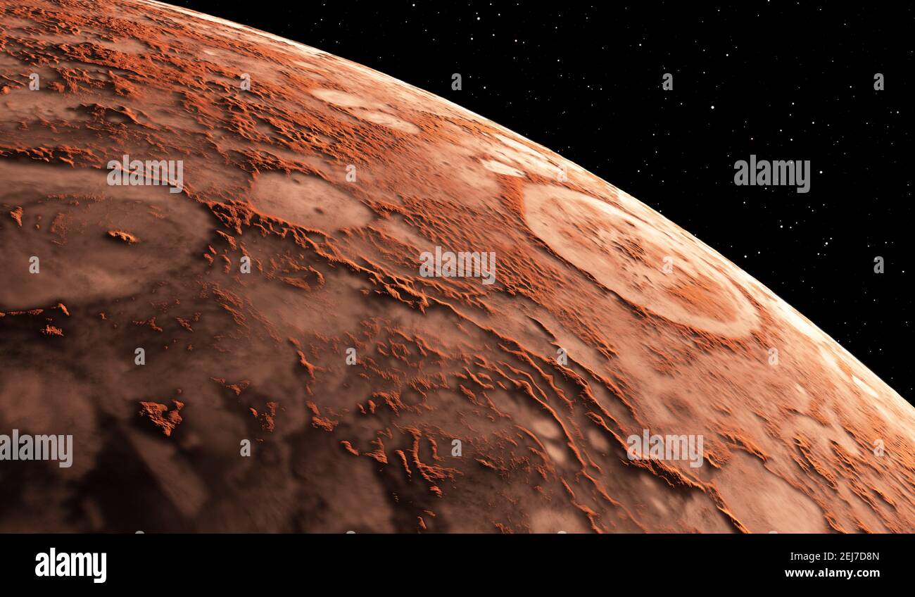 Marte - il pianeta rosso. Superficie marziana e polvere nell'atmosfera. Illustrazione 3D Foto Stock