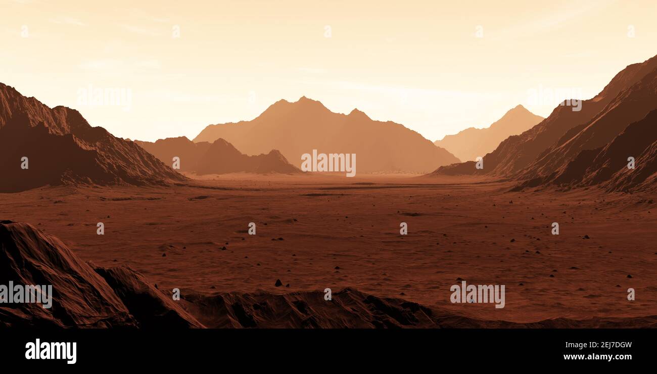 Marte il pianeta rosso. Paesaggio marziano e polvere nell'atmosfera. Illustrazione 3D Foto Stock