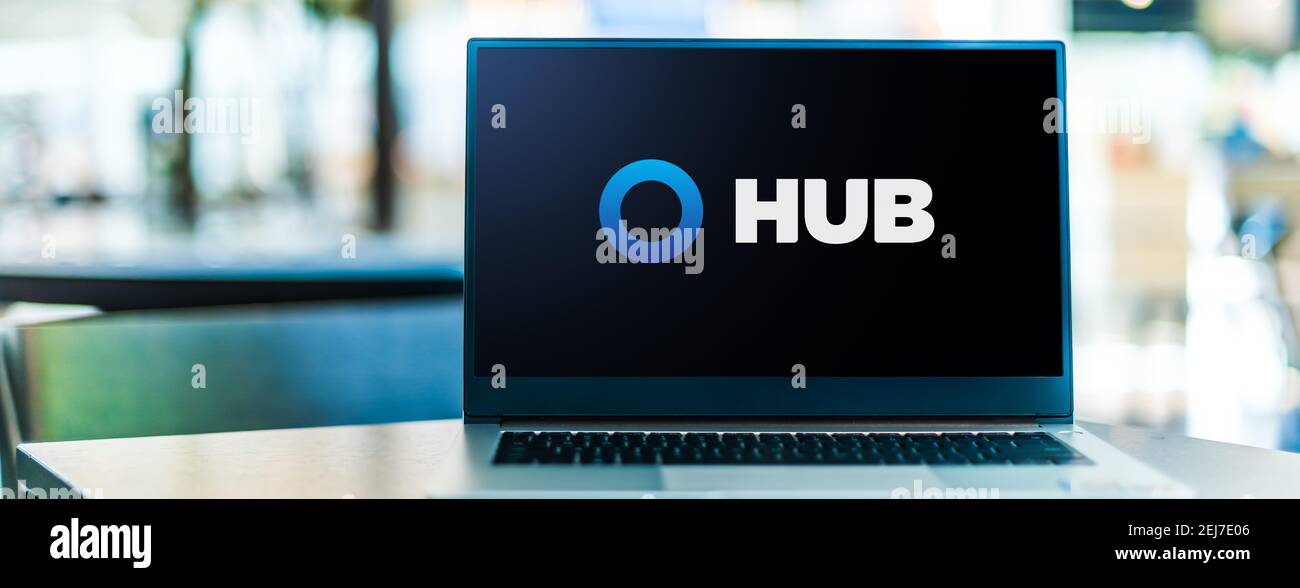 POZNAN, POL - 23 SETTEMBRE 2020: Computer portatile con logo DI HUB International, un intermediazione assicurativa Foto Stock