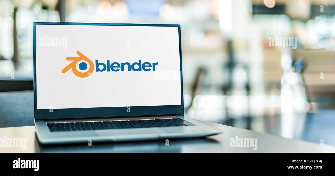 POZNAN, POL - SET 23, 2020: Computer portatile che visualizza il logo di Blender, un set di strumenti software gratuito e open-source per la grafica di computer 3D utilizzato per la creazione Foto Stock