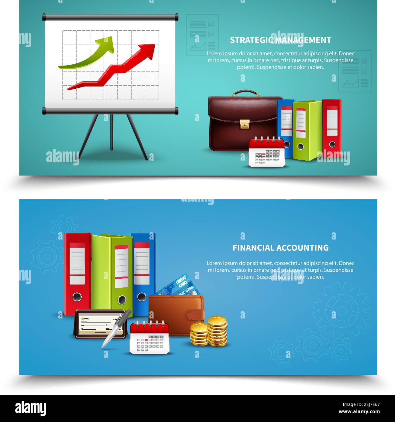 I banner aziendali di gestione strategica e contabilità finanziaria sono realistici e isolati illustrazione vettoriale Illustrazione Vettoriale
