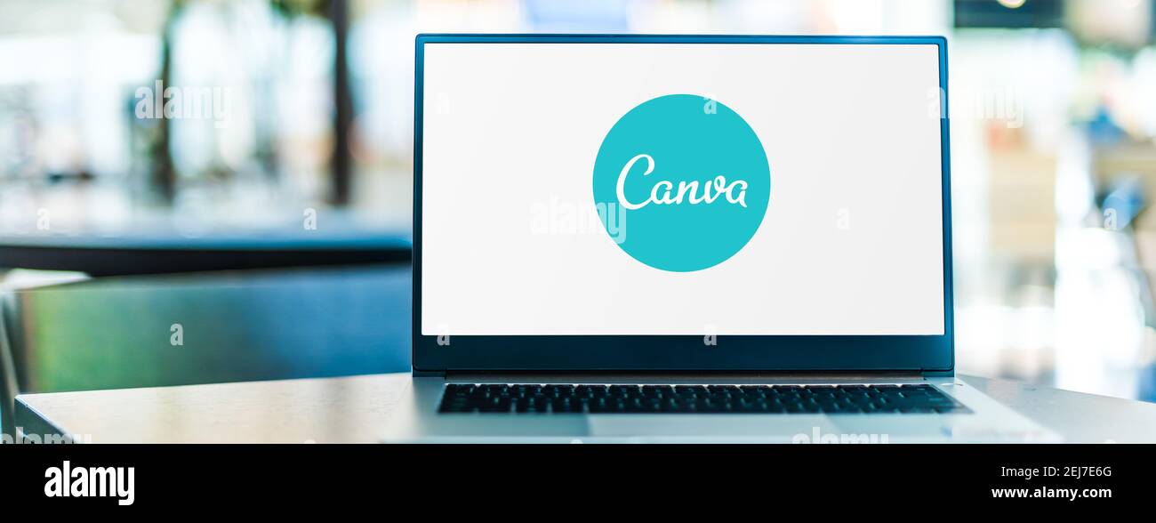 POZNAN, POL - 23 SETTEMBRE 2020: Computer portatile che visualizza il logo di Canva, una piattaforma di grafica, utilizzata per creare grafica, presentazioni, social media, Foto Stock