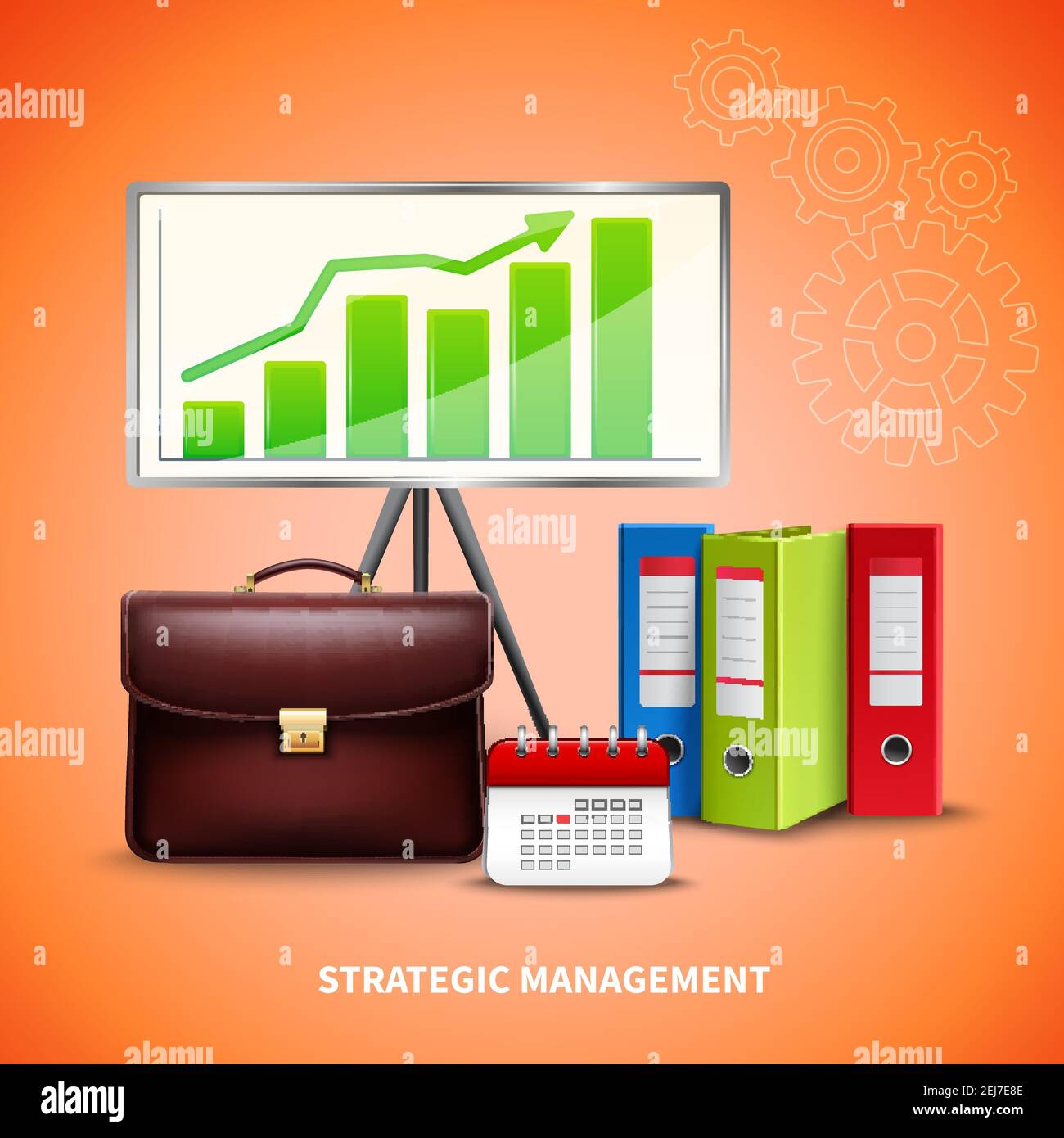 Concetto di business di gestione strategica realistico con strumenti per la pianificazione immagine vettoriale con sfondo luminoso Illustrazione Vettoriale