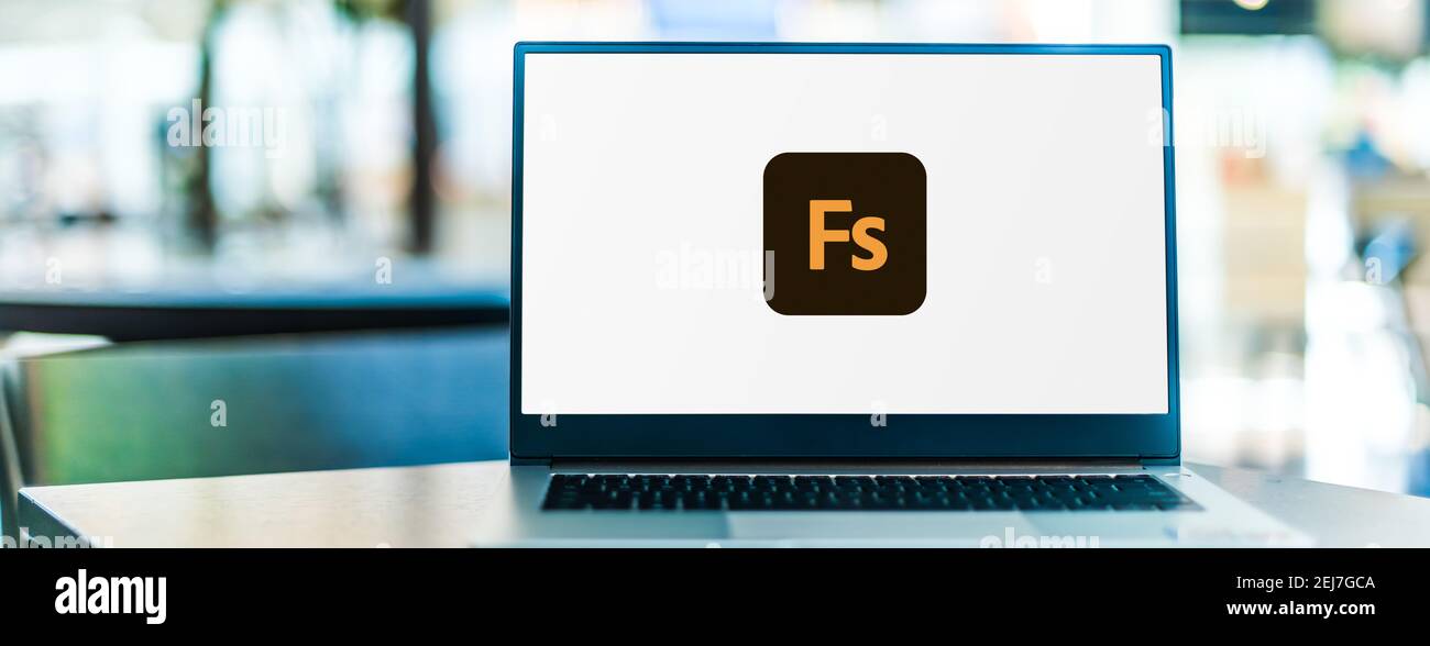 POZNAN, POL - NOV 12, 2020: Computer portatile con il logo di Adobe Fuse, un software di grafica per computer 3D sviluppato da Mixamo che permette agli utenti di c Foto Stock