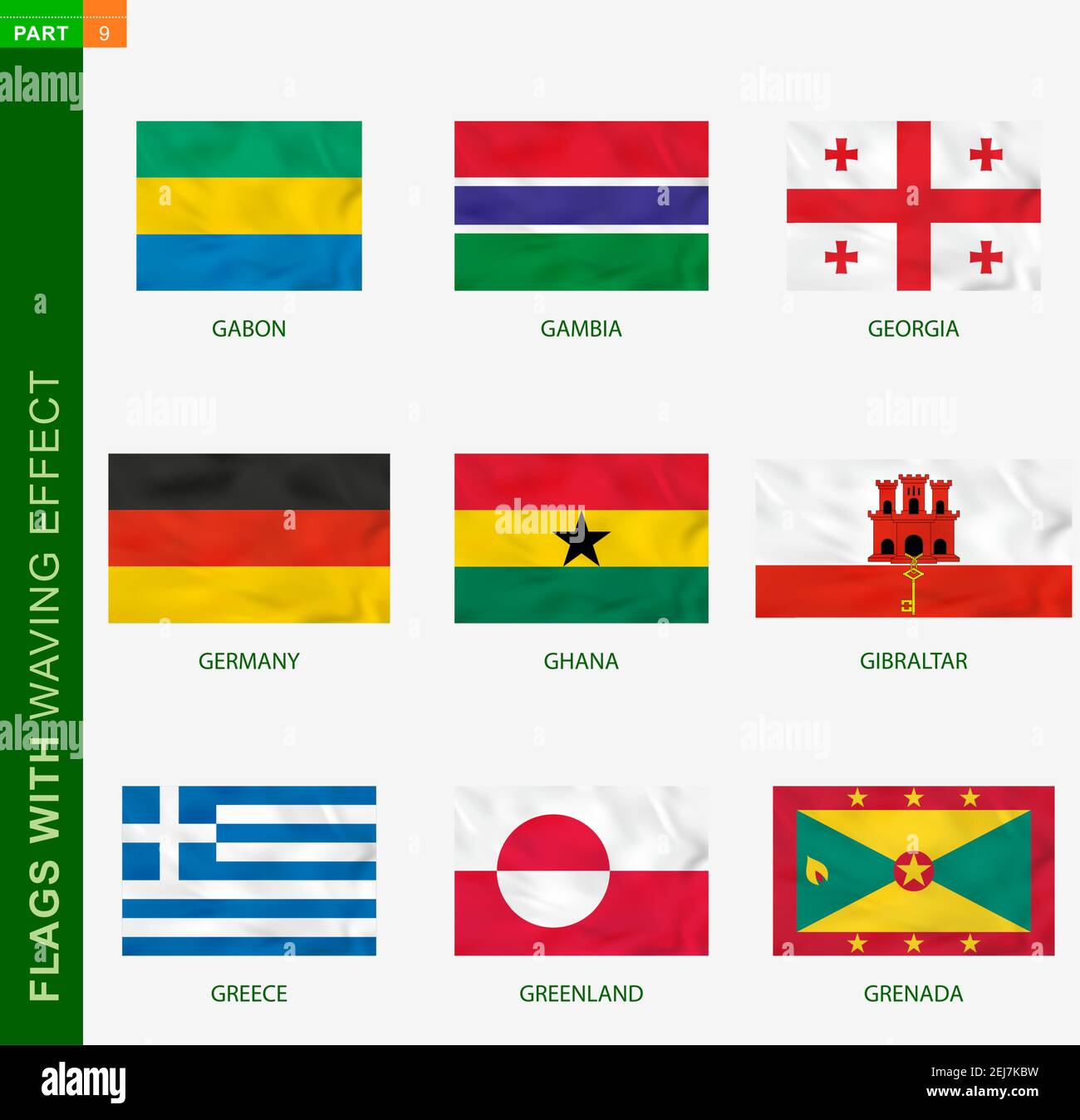 Set di bandiere con effetto ondulato, bandiera nazionale con texture. Bandiera vettoriale di Gabon, Gambia, Georgia, Germania, Ghana, Gibilterra, Grecia, Groenlandia, Grana Illustrazione Vettoriale