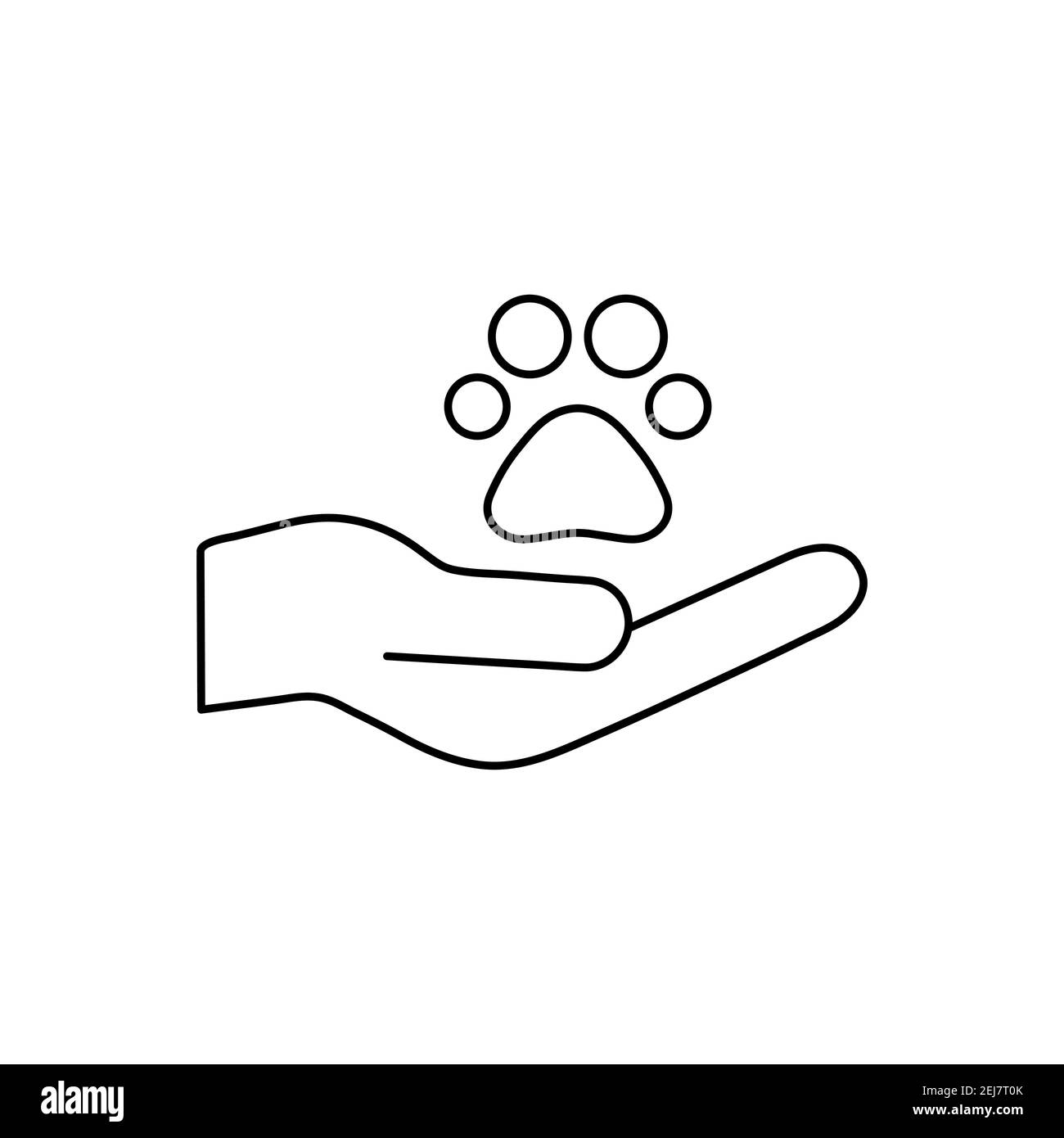 Gli animali aiutano il concetto. Zampa di impronta animale e mano umana. Icona linea volontaria. Illustrazione vettoriale isolata in bianco Illustrazione Vettoriale