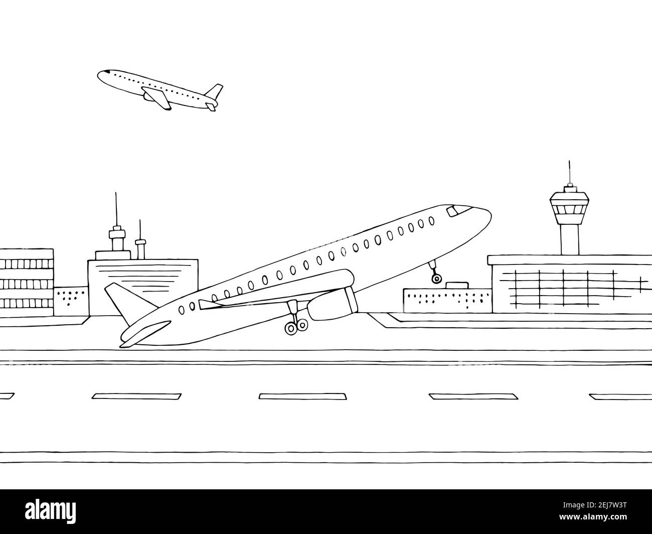 L'aereo esterno dell'aeroporto prende il via dall'illustrazione grafica dello schizzo in bianco nero vettore Illustrazione Vettoriale