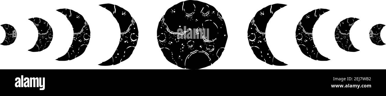 Moon Phases cosmos.Design isolato in bianco background.Celestial astrologia pianeta. Illustrazione Vettoriale