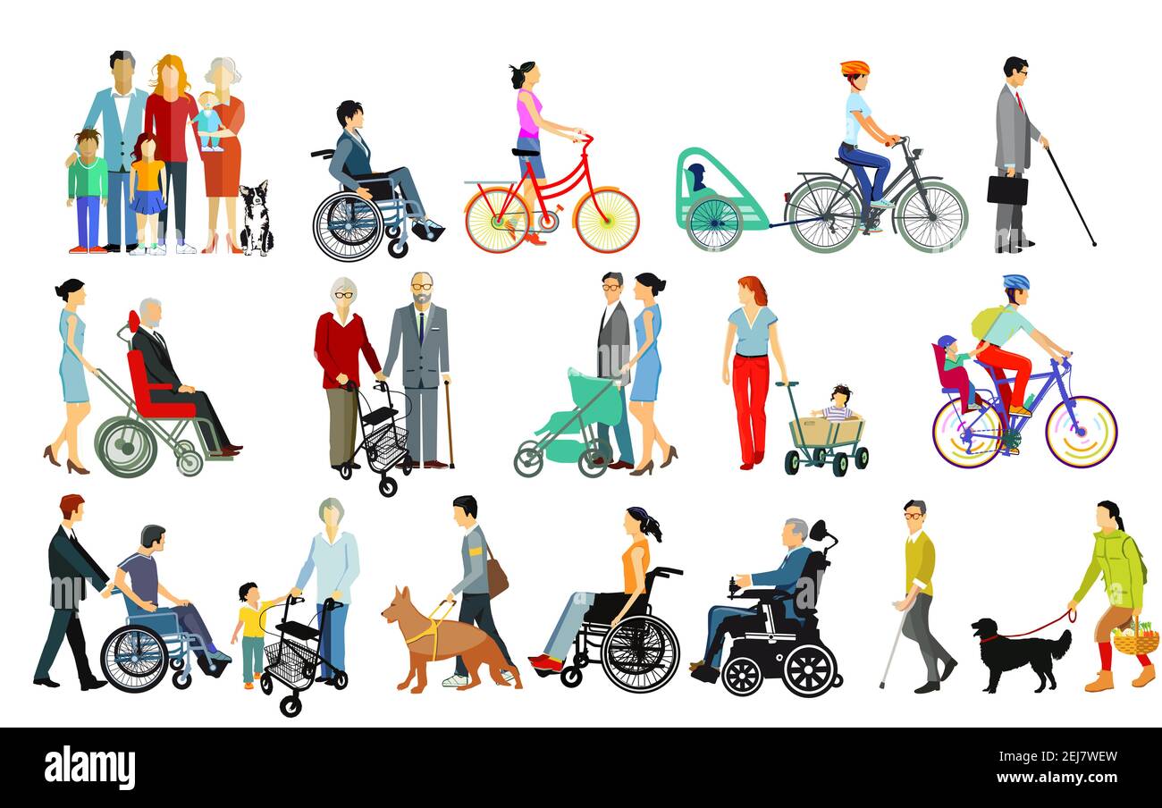 Gruppo di persone e famiglie con handicap e ausili per camminare, prendersi cura, isolato Illustrazione Vettoriale