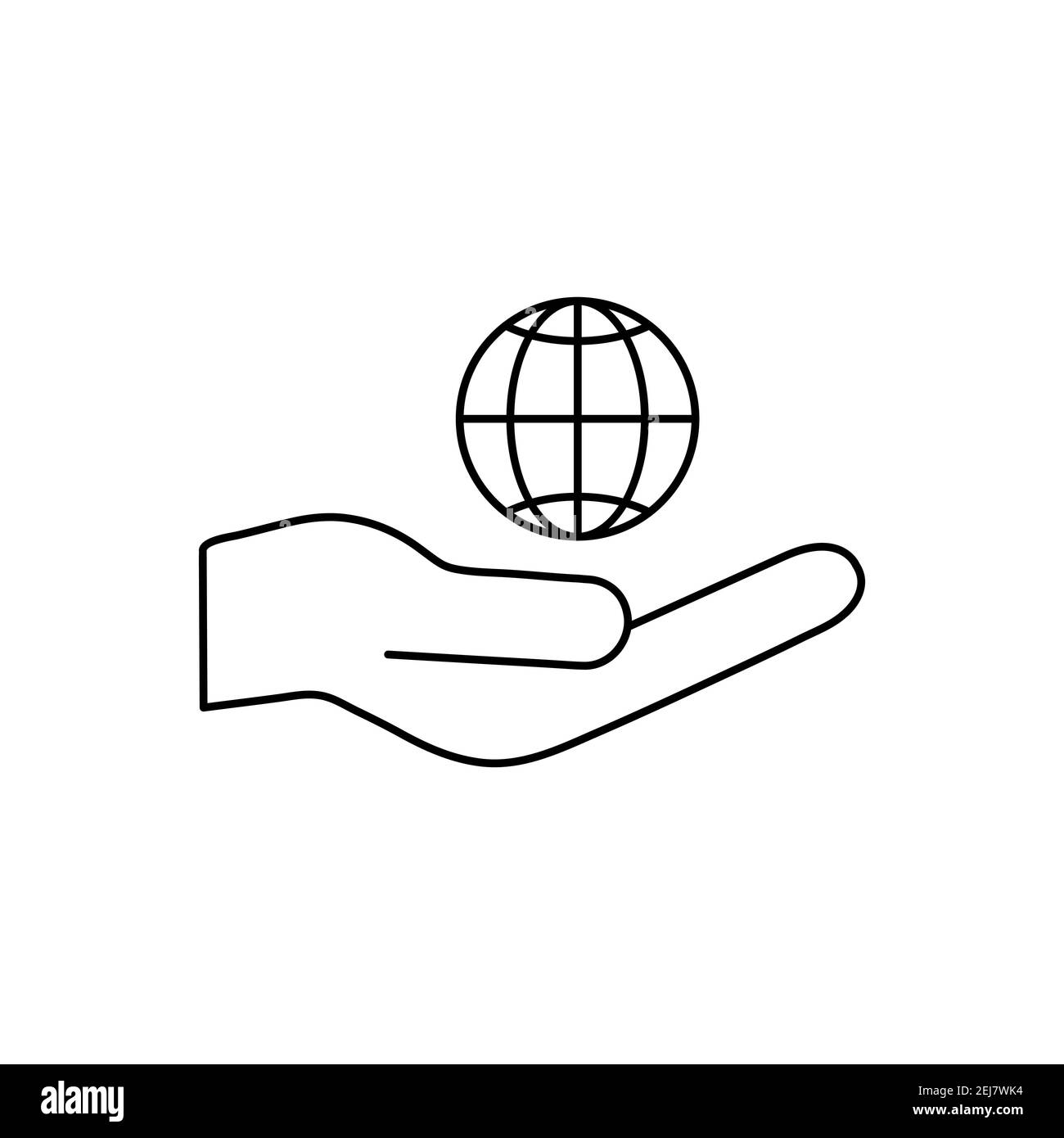 Icona della linea del globo e mano umana. Concetto di protezione dell'ambiente. Illustrazione lineare vettoriale isolata in bianco Illustrazione Vettoriale