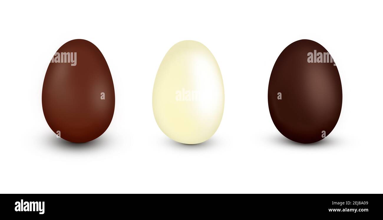 Tre uova di cioccolato di Pasqua realistiche isolate su bianco. Foto Stock