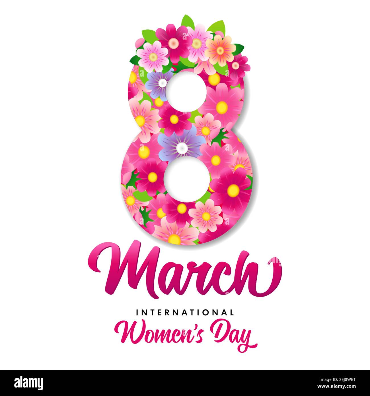 8 marzo, Giornata Internazionale della Donna, fiori bellissimi e scritte eleganti. Biglietto d'auguri per Happy Women Day con calligrafia disegnata a mano e floreale Illustrazione Vettoriale