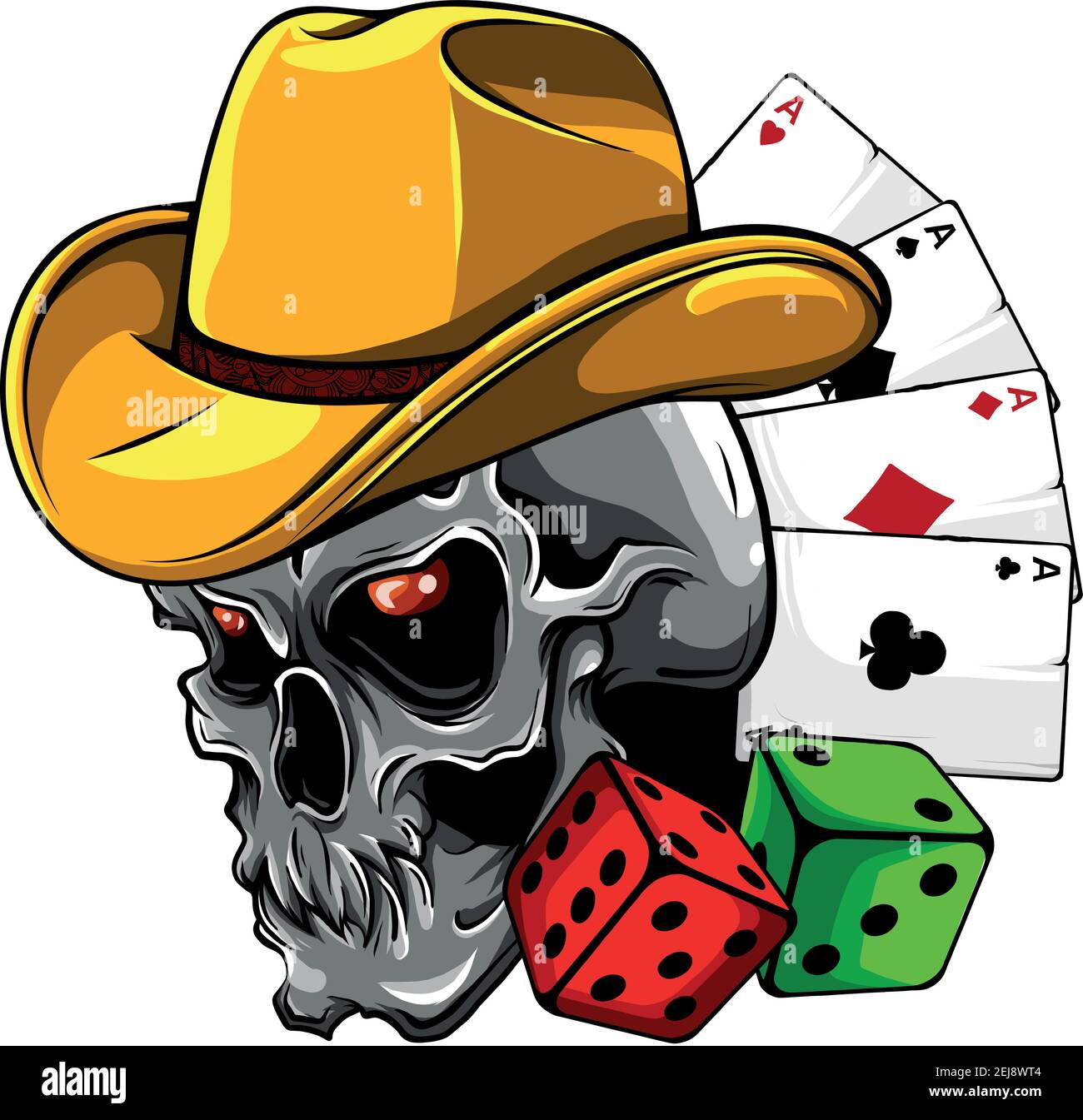 cranio di cowboy con asso da poker e dadi Illustrazione Vettoriale