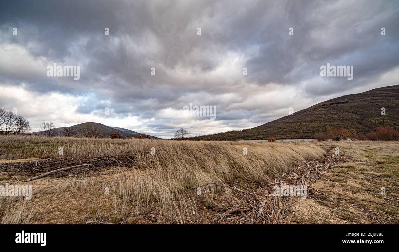 Erba secca mossa dal vento nel bacino idrico di Lozoya del Valle con cielo nuvoloso e montagne della Sierra sullo sfondo a Madrid, Spagna Foto Stock