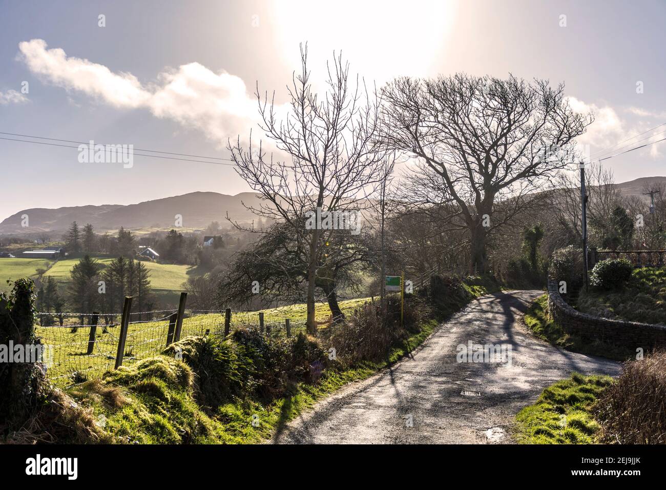 Campagna rurale Gaeltacht terra e strada di corsia nella contea di Donegal, Irlanda Foto Stock