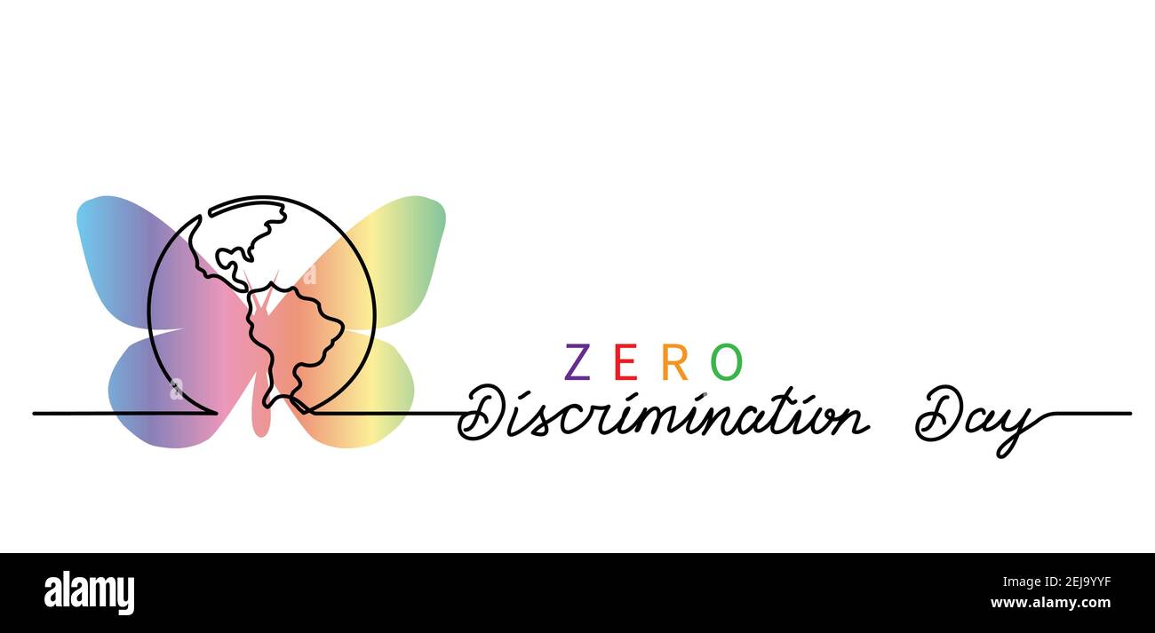 Zero Discrimination giorno semplice vettore banner, poster, sfondo con farfalla arcobaleno e pianeta, globo. Caratteri senza discriminazione Illustrazione Vettoriale