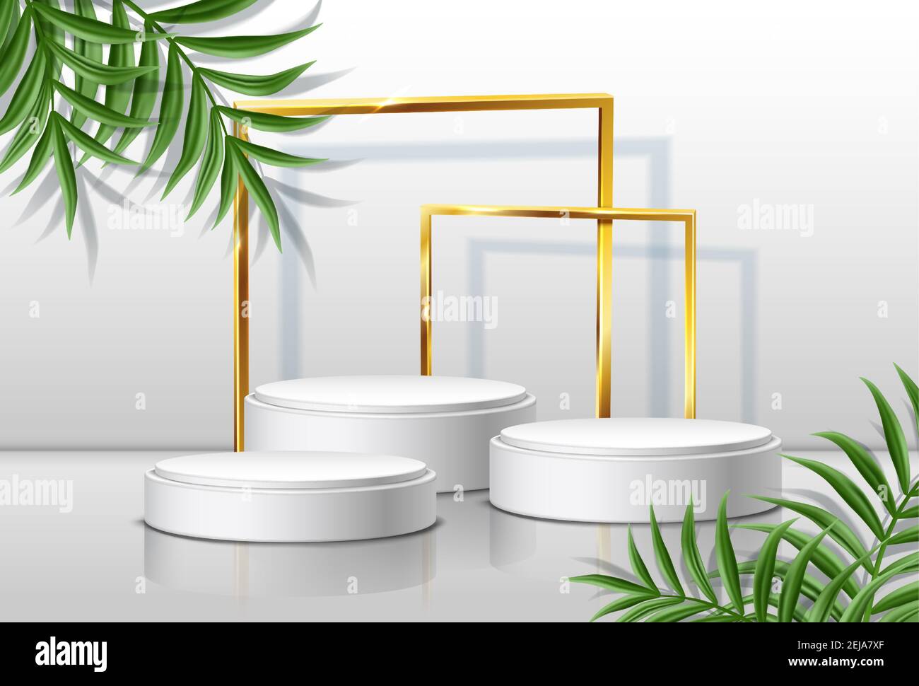 sfondo vettoriale 3d realistico con tavole rotonde e cornici dorate con foglie tropicali sui lati. Illustrazione Vettoriale