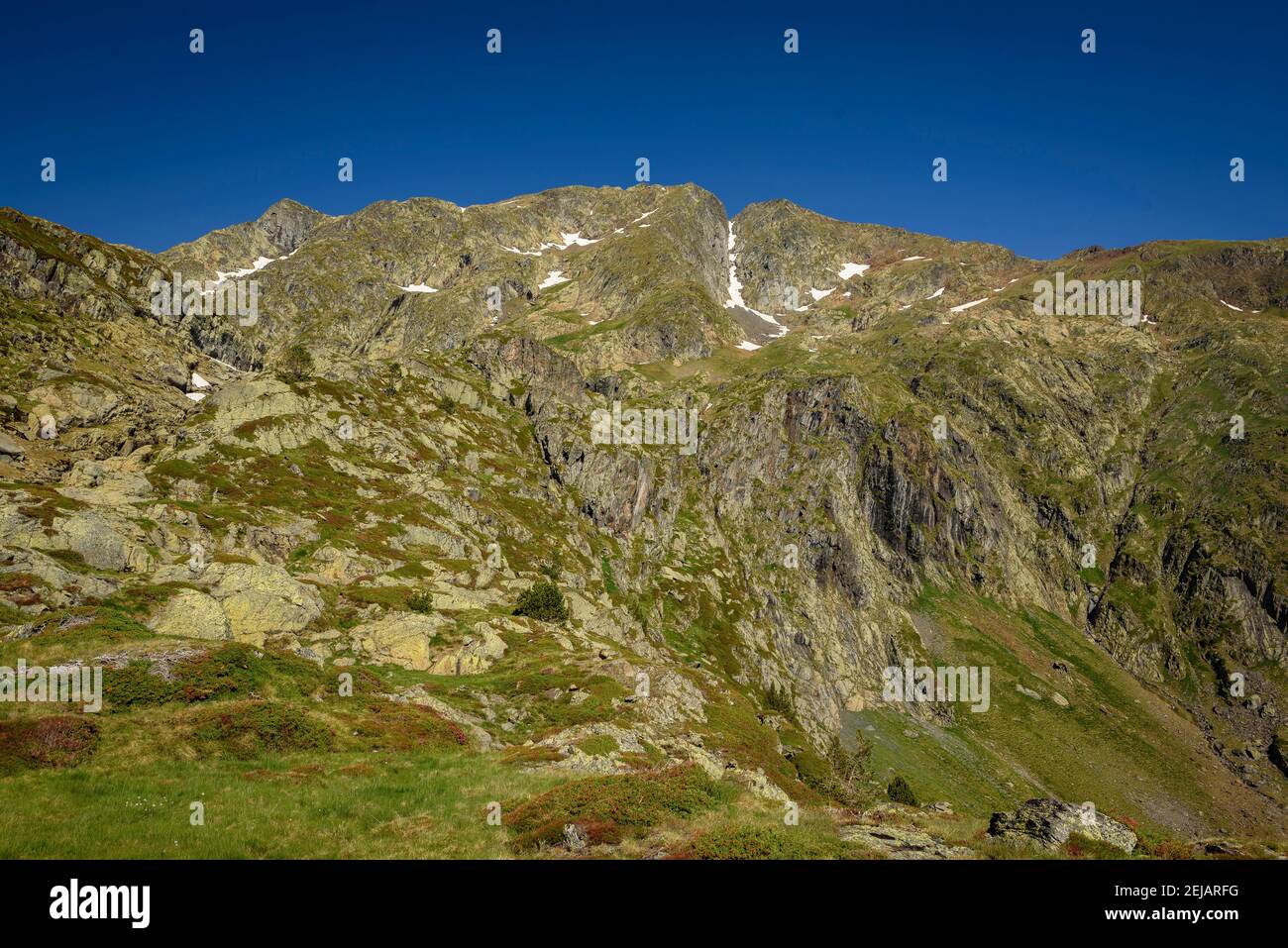 Vista sulla cima del Mont-roig dal percorso di accesso attraverso la valle (Alt Pirineu Parco Naturale, Pirenei, Catalogna, Spagna) Foto Stock