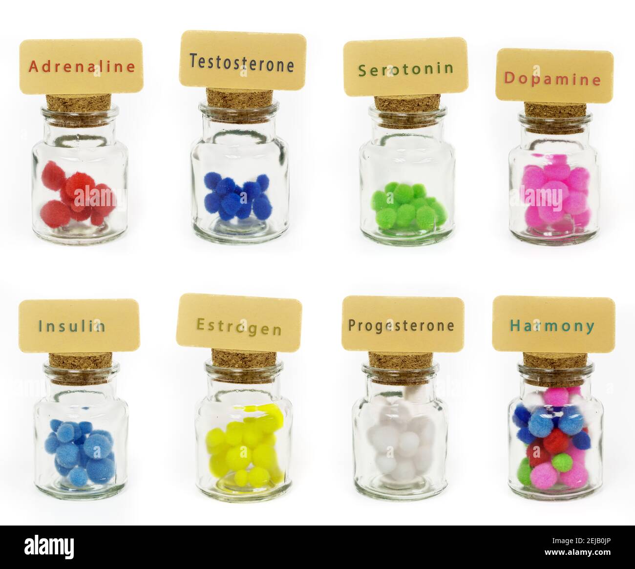 Ormoni colorati in vasi di vetro farmaceutici. Adrenalina, testosterone, serotonina, dopamina, insulina, estrogeni, progesterone Foto Stock