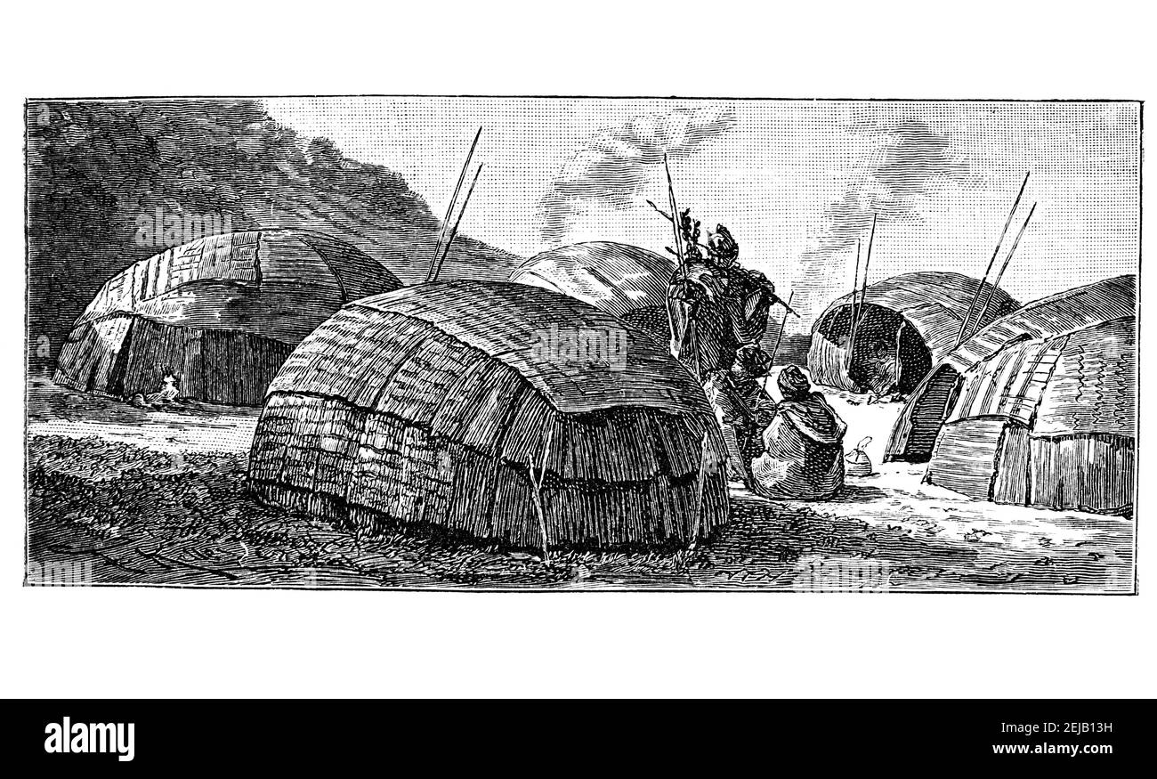 Kraal all'interno del villaggio o insediamento nel sud Africa. Cultura e storia dell'Africa. Immagine in bianco e nero d'epoca. 19 ° secolo. Foto Stock
