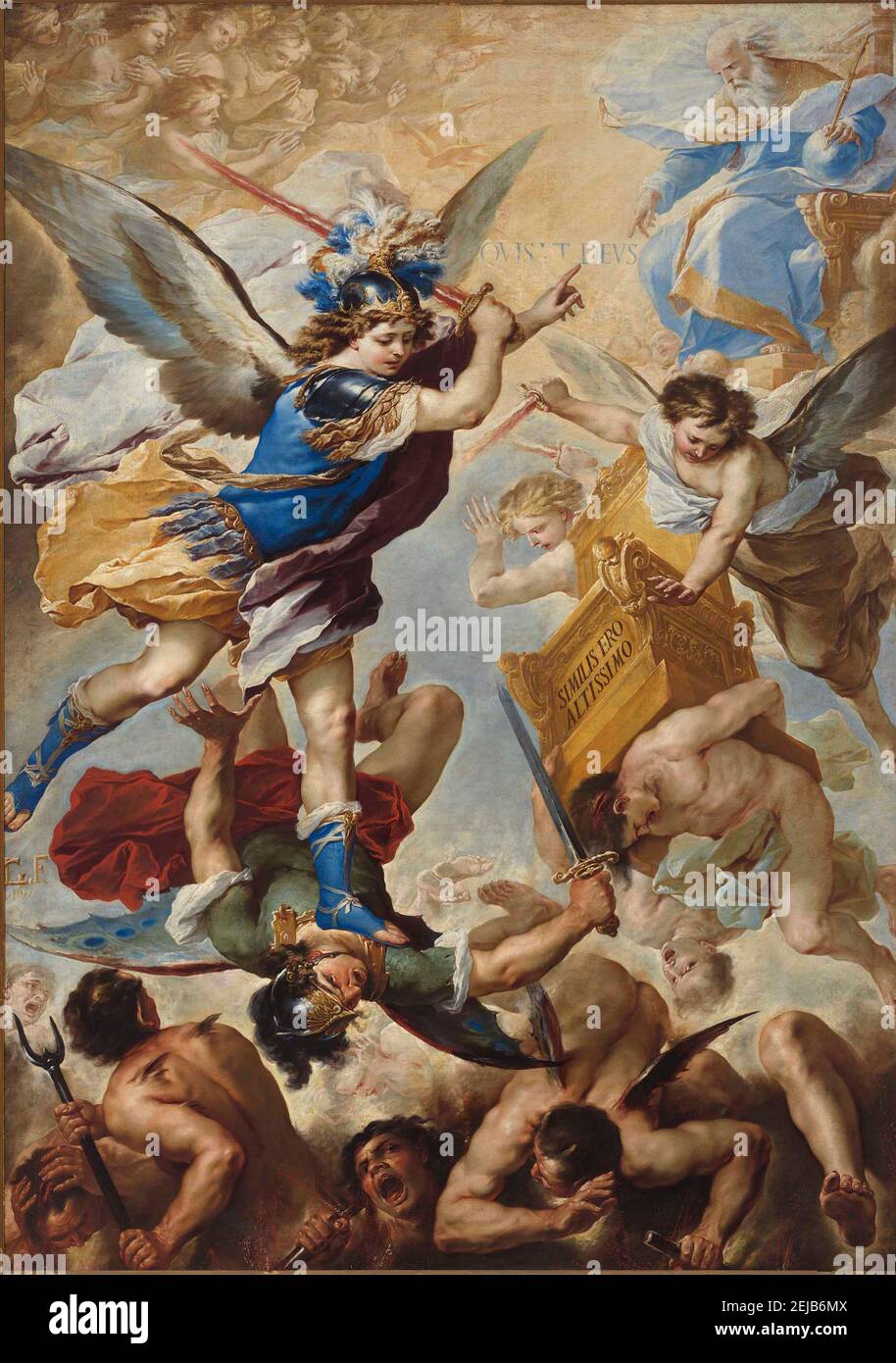 L'Arcangelo Michele sconfigge gli angeli ribelli. Museo: Chiesa dell'Ascensione a Chiaia, Napoli. Autore: LUCA GIORDANO. Foto Stock