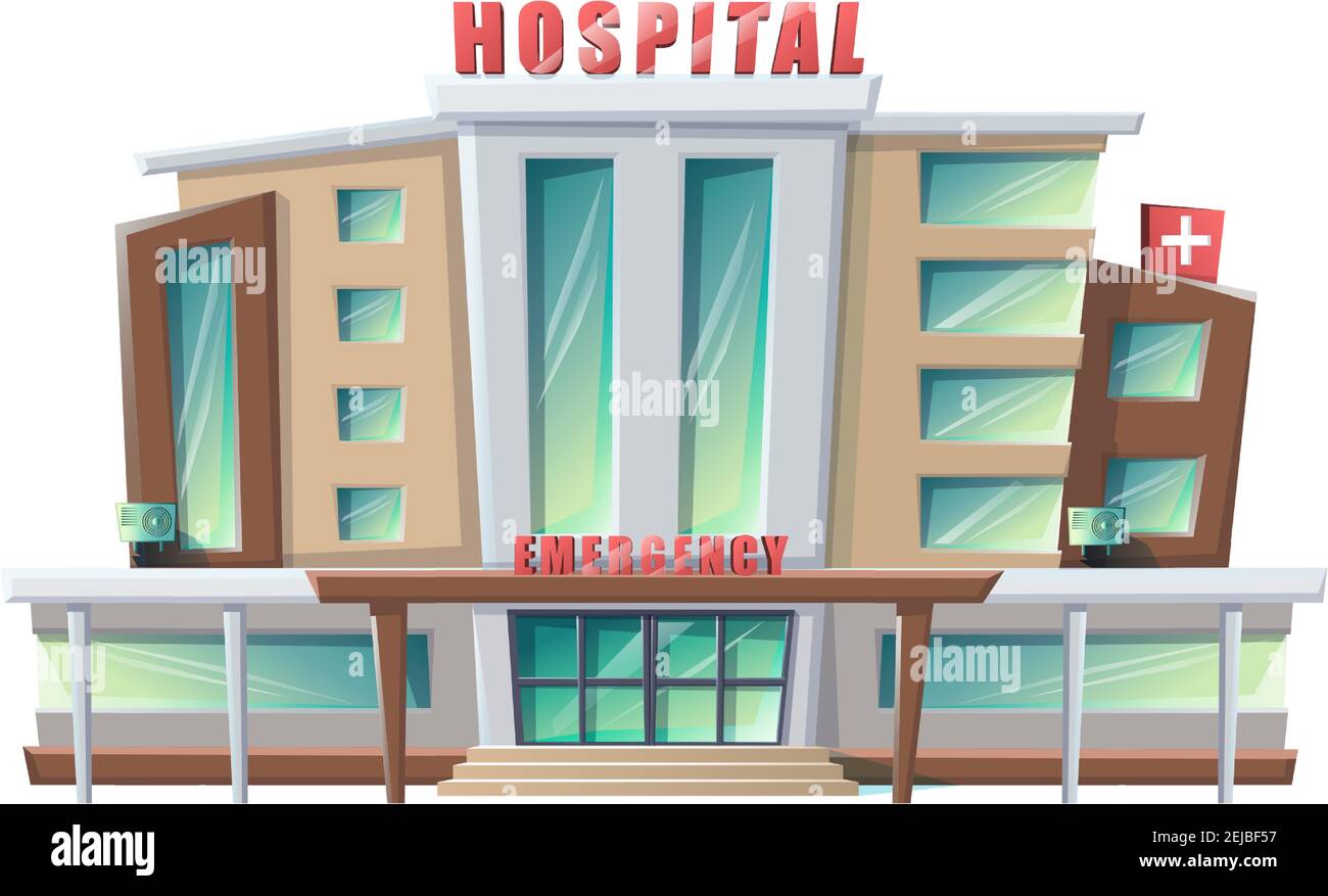 Edificio ospedaliero in stile cartoon vettoriale isolato su sfondo bianco. Illustrazione Vettoriale