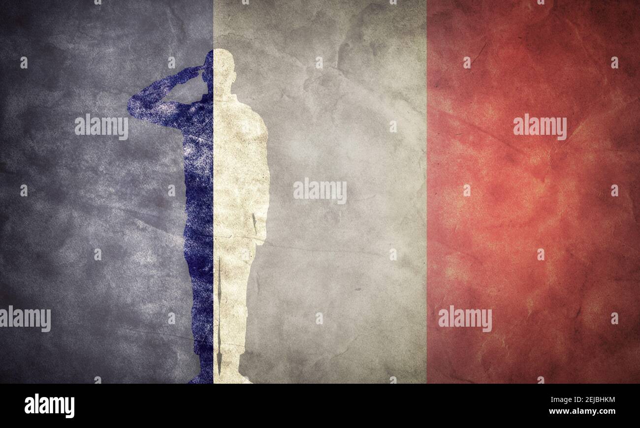 Bandiera francese grunge con silhouette soldato. Vintage, stile retrò. Alta risoluzione, qualità hd. Elemento della mia collezione grunge flags. Foto Stock