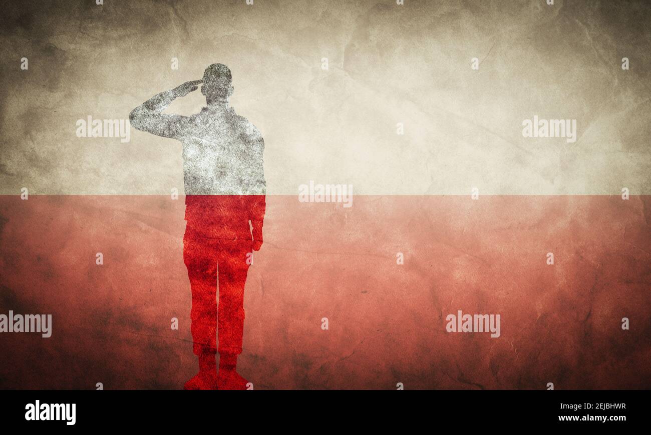 Bandiera polacca grunge con silhouette soldato. Vintage, stile retrò. Alta risoluzione, qualità hd. Elemento della mia collezione grunge flags. Foto Stock