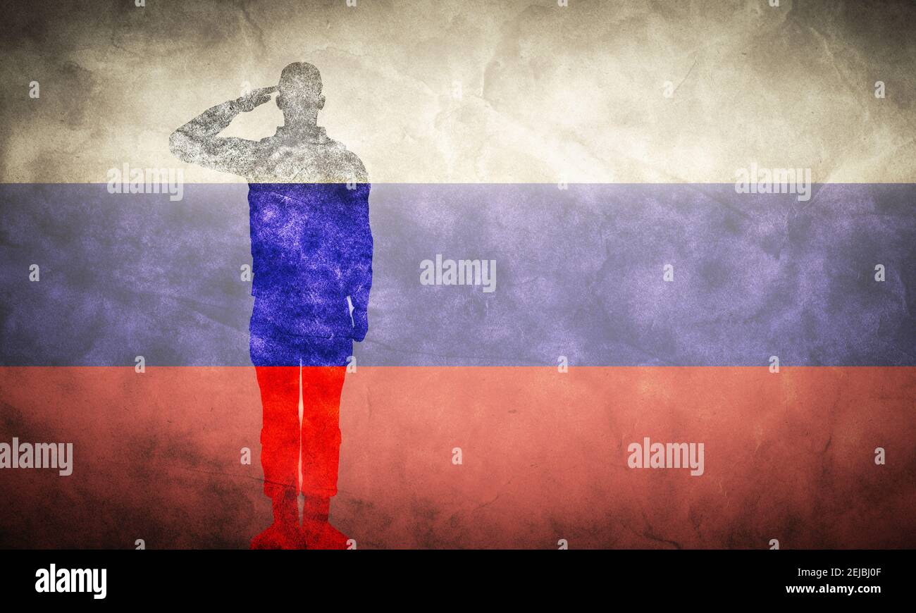Bandiera russa grunge con silhouette soldato. Vintage, stile retrò. Alta risoluzione, qualità hd. Elemento della mia collezione grunge flags. Foto Stock