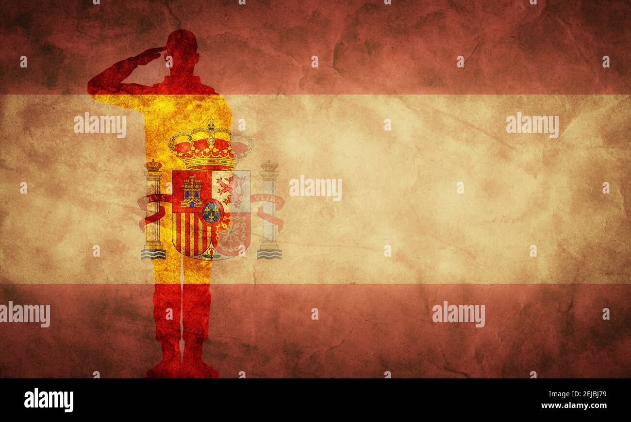 Bandiera spagnola grunge con silhouette soldato. Vintage, stile retrò. Alta risoluzione, qualità hd. Elemento della mia collezione grunge flags. Foto Stock