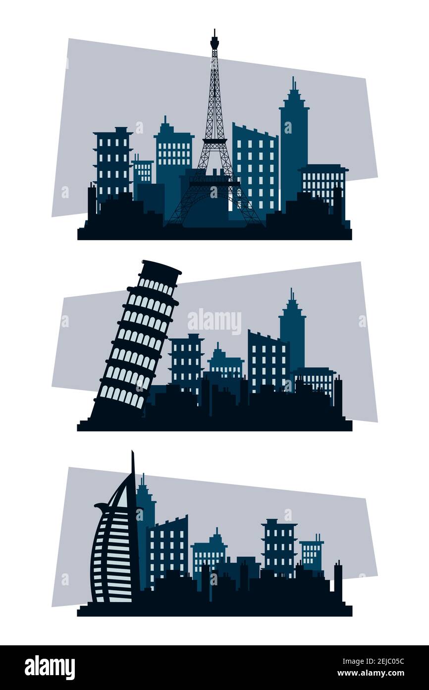 pacchetto di tre sagome città scene disegno vettoriale illustrazione Illustrazione Vettoriale