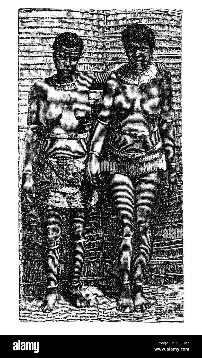 Donne o ragazze africane bantu. Cultura e storia dell'Africa. Immagine in bianco e nero d'epoca. 19 ° secolo. Foto Stock