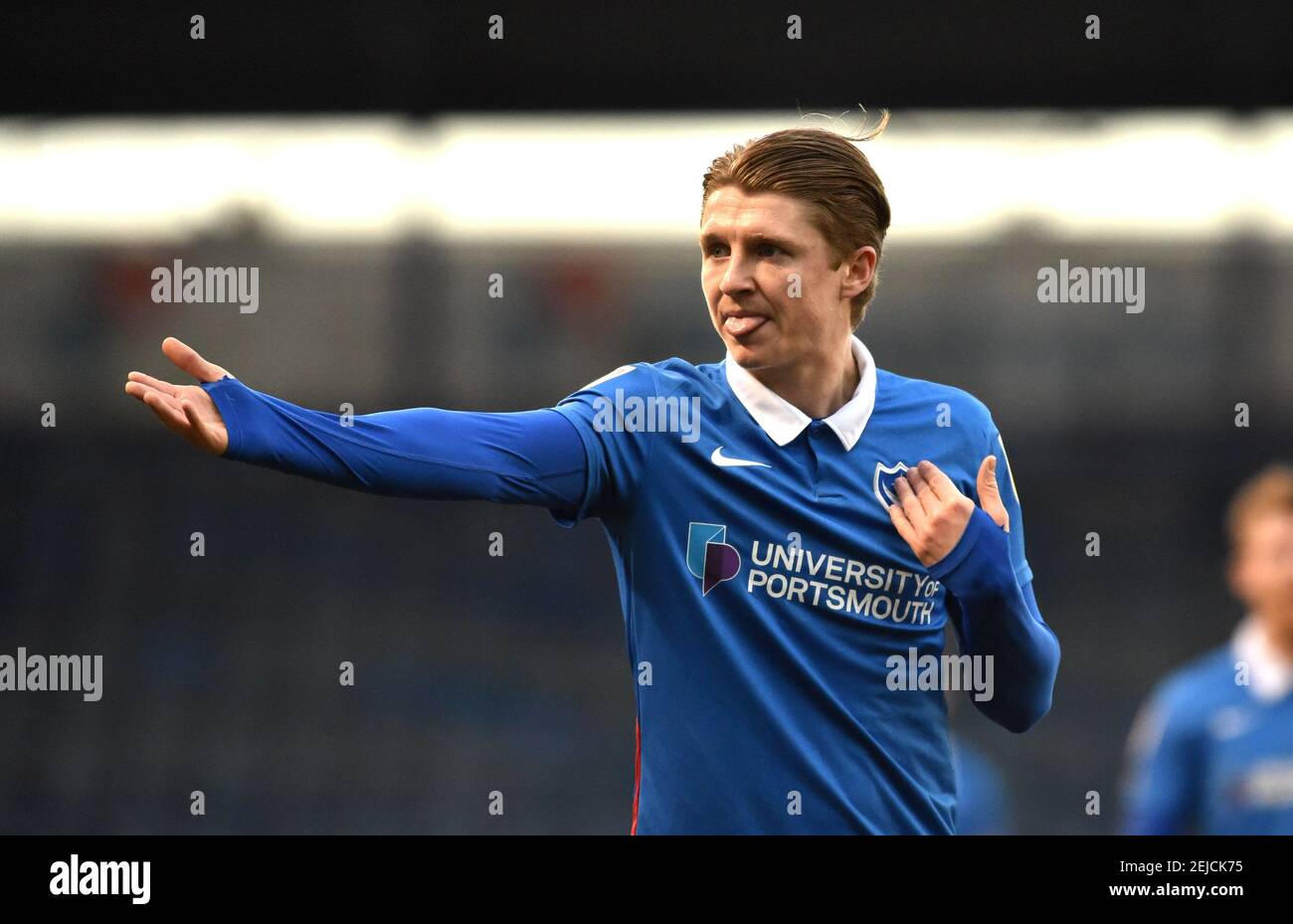George Byers di Portsmouth durante la Sky Bet League una partita tra Portsmouth e Blackpool Town a Fratton Park , Portsmouth , Regno Unito - 20 febbraio 2021. Solo per uso editoriale. Nessuna merchandising. Per le immagini di calcio si applicano restrizioni fa e Premier League inc. Nessun utilizzo di Internet/mobile senza licenza FAPL - per i dettagli contattare Football Dataco : Foto Stock