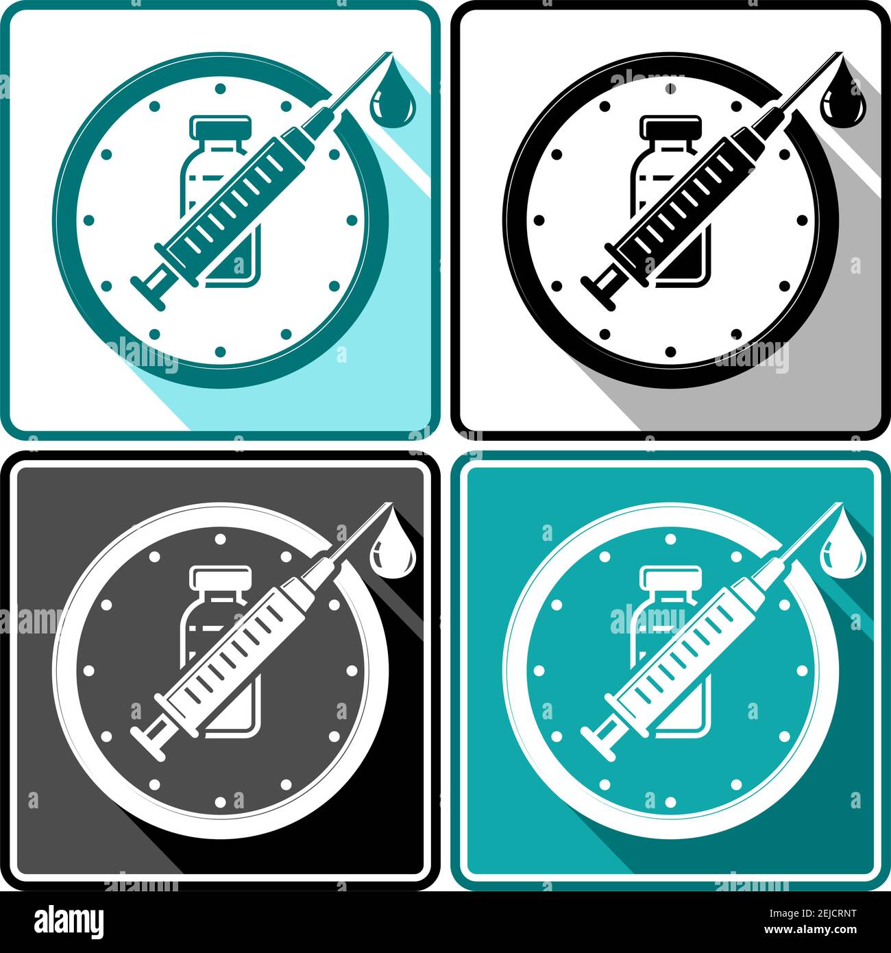 Icona tempo per la vaccinazione. Orologio quadrante con frecce sotto forma di siringa medica e un flacone con un vaccino. Vettore su sfondo trasparente Illustrazione Vettoriale
