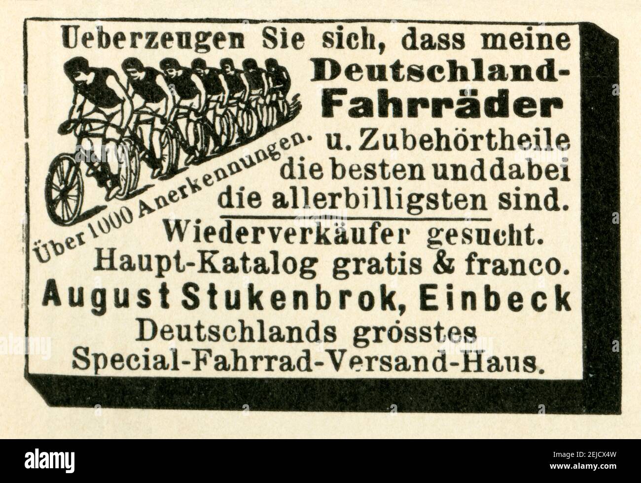 Europa, Deutschland, Niedersachsen, Einbeck, Werbung der Firma August Stukenbrok für seine Deutschland Fahrräder, Größe der Anzeige : 4,5 cm x 3 cm , Motiv aus : ' Illucrirte Zeitung ', Nr. 2911, 13. 04. 1899 . / Europa, Germania, bassa Sassonia, Einbeck, pubblicità della società August Stukenbrok per le ' biciclette tedesche', dimensione dell'annuncio : 4,5 cm x 3 cm , immagine di ' Illucrirte Zeitung ', n° 2911, 13. 04. 1899 . Foto Stock