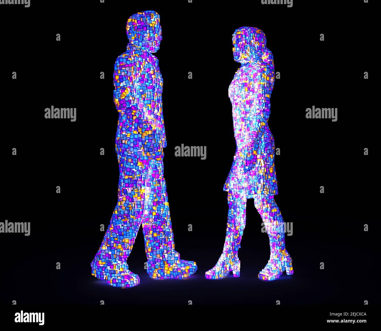 Figure di uomo e donna costituite da pixel incandescenti. Illustrazione 3D Foto Stock