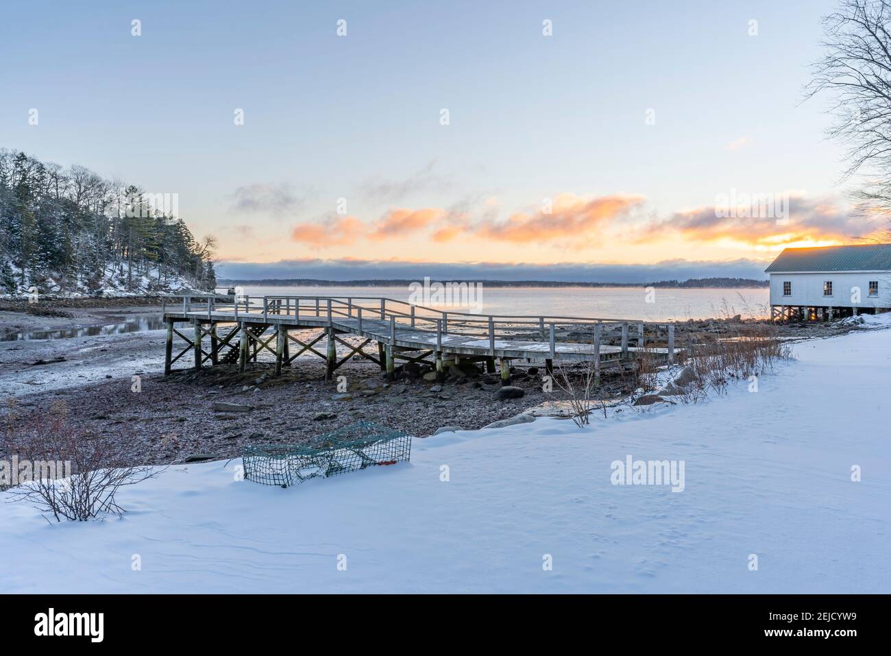 Alba invernale a Saturday Cove a Northport, Maine. Foto Stock