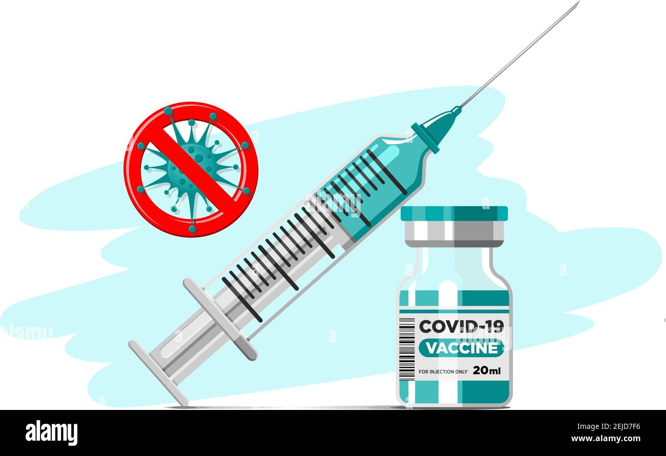 Covid-19 concetto di vaccinazione con Coronavirus. Flaconcino di vaccino e siringa con ago. Modello vettore Illustrazione Vettoriale