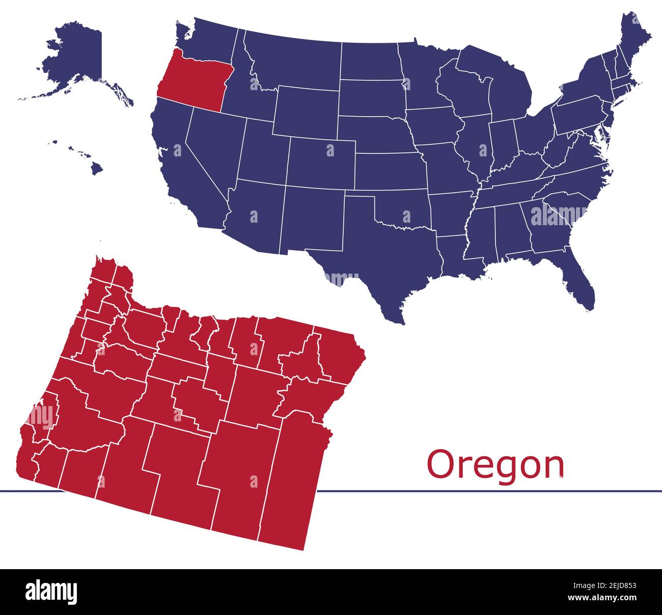 Oregon contee mappa vettoriale contorno con USA mappa colori nazionali allarme Illustrazione Vettoriale