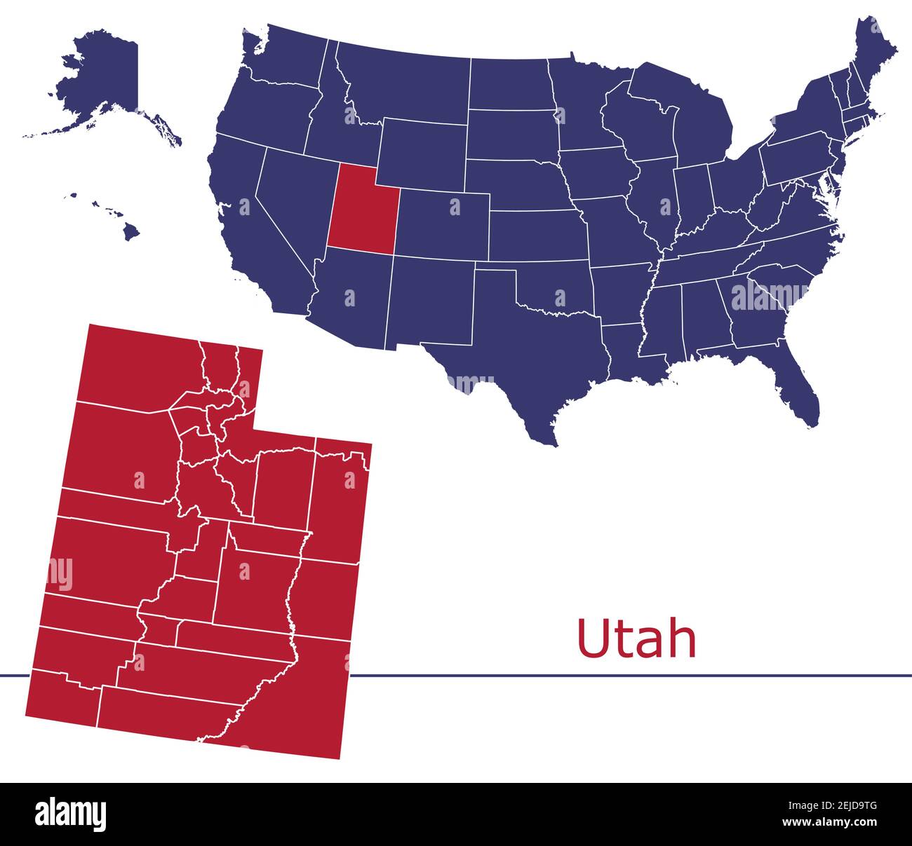 Utah contee mappa vettoriale contorno con USA mappa colori nazionali allarme Illustrazione Vettoriale
