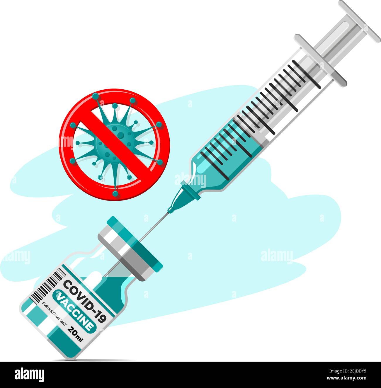 Concetto di vaccinazione con coronavirus. Vaccino del virus della corona Covid-19 con flacone di vaccino e strumento di iniezione a siringa per il trattamento di immunizzazione di Covid19. Ve Illustrazione Vettoriale