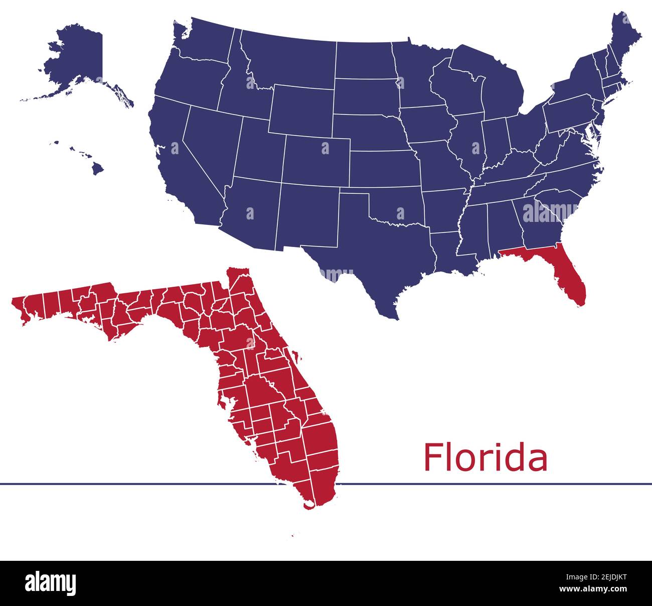 Florida contee mappa vettoriale contorno con USA mappa colori nazionali allarme Illustrazione Vettoriale