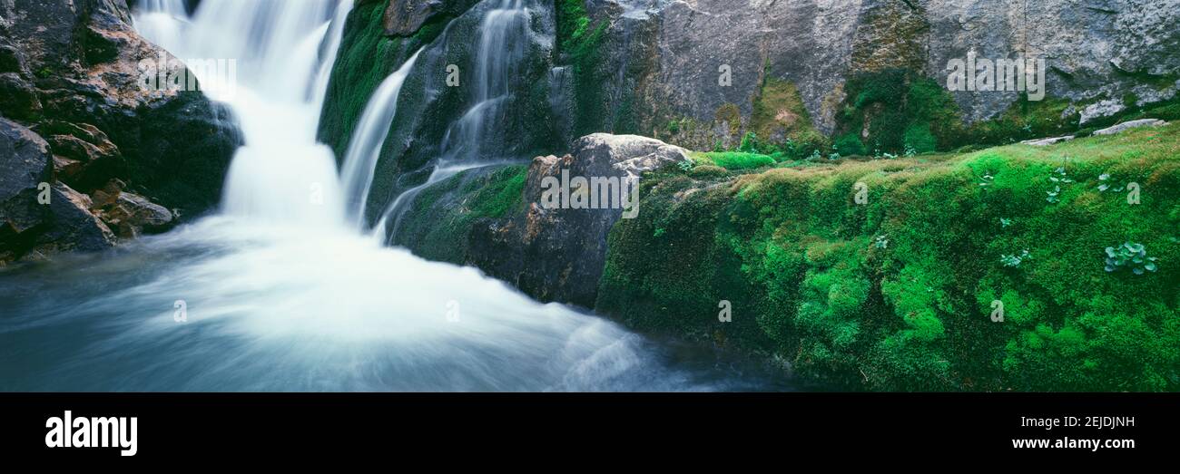 Acqua che cade dalle rocce, South Fork Cascade Canyon Trail, Grand Teton National Park, Wyoming, Stati Uniti Foto Stock