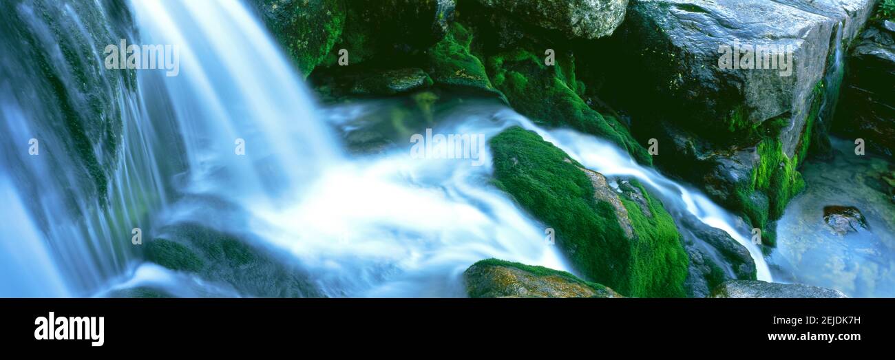 Acqua che cade dalle rocce, South Fork Cascade Canyon Trail, Grand Teton National Park, Wyoming, Stati Uniti Foto Stock